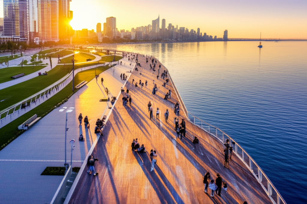 SeaPort waterfront boardwalk at sunset